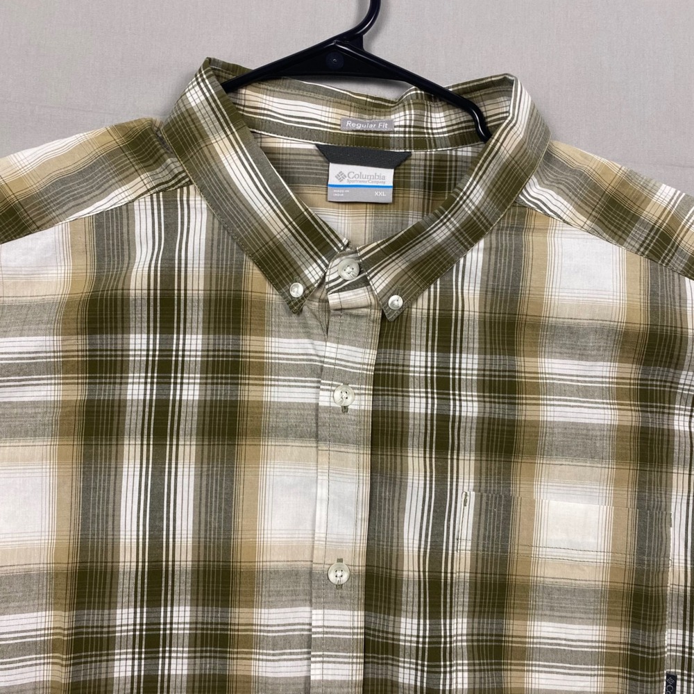 Columbia Regular Fit Short Sleeve‎ Button Down Shirt Mens XXL 2XL Green Plaid